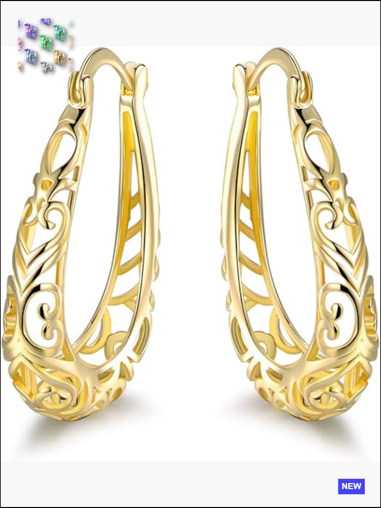 Filigree Hoop Earrings Elegant Vintage Style 18k Gold Plated Lightweight